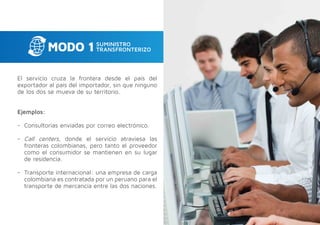 El servicio cruza la frontera desde el país del
exportador al país del importador, sin que ninguno
de los dos se mueva de su territorio.
Ejemplos:
-- Consultorías enviadas por correo electrónico.
-- Call centers, donde el servicio atraviesa las
fronteras colombianas, pero tanto el proveedor
como el consumidor se mantienen en su lugar
de residencia.
-- Transporte internacional: una empresa de carga
colombiana es contratada por un peruano para el
transporte de mercancía entre las dos naciones.
 