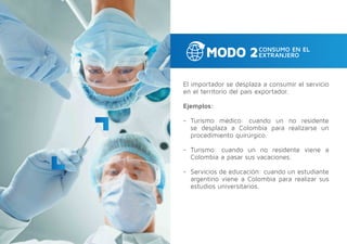 El importador se desplaza a consumir el servicio
en el territorio del país exportador.
Ejemplos:
-- Turismo médico: cuando un no residente
se desplaza a Colombia para realizarse un
procedimiento quirúrgico.
-- Turismo: cuando un no residente viene a
Colombia a pasar sus vacaciones.
-- Servicios de educación: cuando un estudiante
argentino viene a Colombia para realizar sus
estudios universitarios.
 