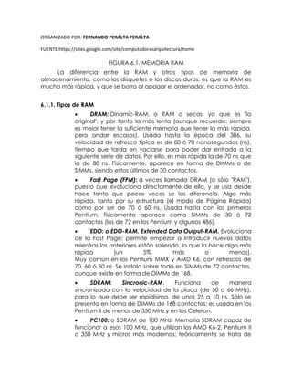 ORGANIZADO POR: FERNANDO PERALTA PERALTA
FUENTE:https://sites.google.com/site/computadorasarquitectura/home
FIGURA 6.1. MEMORIA RAM
La diferencia entre la RAM y otros tipos de memoria de
almacenamiento, como los disquetes o los discos duros, es que la RAM es
mucho más rápida, y que se borra al apagar el ordenador, no como éstos.
6.1.1. Tipos de RAM
 DRAM: Dinamic-RAM, o RAM a secas, ya que es "la
original", y por tanto la más lenta (aunque recuerde: siempre
es mejor tener la suficiente memoria que tener la más rápida,
pero andar escasos). Usada hasta la época del 386, su
velocidad de refresco típica es de 80 ó 70 nanosegundos (ns),
tiempo que tarda en vaciarse para poder dar entrada a la
siguiente serie de datos. Por ello, es más rápida la de 70 ns que
la de 80 ns. Físicamente, aparece en forma de DIMMs o de
SIMMs, siendo estos últimos de 30 contactos.
 Fast Page (FPM): a veces llamada DRAM (o sólo "RAM"),
puesto que evoluciona directamente de ella, y se usa desde
hace tanto que pocas veces se las diferencia. Algo más
rápida, tanto por su estructura (el modo de Página Rápida)
como por ser de 70 ó 60 ns. Usada hasta con los primeros
Pentium, físicamente aparece como SIMMs de 30 ó 72
contactos (los de 72 en los Pentium y algunos 486).
 EDO: o EDO-RAM, Extended Data Output-RAM. Evoluciona
de la Fast Page; permite empezar a introducir nuevos datos
mientras los anteriores están saliendo, lo que la hace algo más
rápida (un 5%, más o menos).
Muy común en los Pentium MMX y AMD K6, con refrescos de
70, 60 ó 50 ns. Se instala sobre todo en SIMMs de 72 contactos,
aunque existe en forma de DIMMs de 168.
 SDRAM: Sincronic-RAM. Funciona de manera
sincronizada con la velocidad de la placa (de 50 a 66 MHz),
para lo que debe ser rapidísima, de unos 25 a 10 ns. Sólo se
presenta en forma de DIMMs de 168 contactos; es usada en los
Pentium II de menos de 350 MHz y en los Celeron.
 PC100: o SDRAM de 100 MHz. Memoria SDRAM capaz de
funcionar a esos 100 MHz, que utilizan los AMD K6-2, Pentium II
a 350 MHz y micros más modernos; teóricamente se trata de
 
