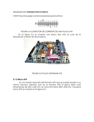 ORGANIZADO POR: FERNANDO PERALTA PERALTA
FUENTE:https://sites.google.com/site/computadorasarquitectura/home
FIGURA 2.4 CONECTOR DE CORRIENTE DE UNA PLACA ATX
En la figura 2.5 se muestra una placa tipo ATX, la cual da la
descripción anterior de dicha placa.
FIGURA 2.5 PLACA ESTÁNDAR ATX
2.1.3 Micro-ATX
Es una versión reducida del formato ATX que se puede acoplar a su
misma carcasa. Mientras que en el formato ATX la placa tiene unas
dimensiones de 305 x 244 mm, el micro-ATX tiene 208 x 204 mm. Tal placa
micro-ATX se muestra en la figura 2.6
 