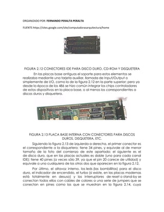 ORGANIZADO POR: FERNANDO PERALTA PERALTA
FUENTE:https://sites.google.com/site/computadorasarquitectura/home
FIGURA 2.12 CONECTORES IDE PARA DISCO DURO, CD-ROM Y DISQUETERA
En las placas base antiguas el soporte para estos elementos se
realizaba mediante una tarjeta auxiliar, llamada de Input/Output o
simplemente de I/O, como la de la figura 2.12 en la parte superior; pero ya
desde la época de los 486 se hizo común integrar los chips controladores
de estos dispositivos en la placa base, o al menos los correspondientes a
discos duros y disquetera.
FIGURA 2.13 PLACA BASE INTERNA CON CONECTORES PARA DISCOS
DUROS, DISQUETERA, ETC.
Siguiendo la figura 2.13 de izquierda a derecha, el primer conector es
el correspondiente a la disquetera; tiene 34 pines, y equivale al de menor
tamaño de la foto del comienzo de este apartado; el siguiente es el
de disco duro, que en las placas actuales es doble (uno para cada canal
IDE); tiene 40 pines (a veces sólo 39, ya que el pin 20 carece de utilidad) y
equivale a uno cualquiera de los otros dos que aparecen en la figura 2.12.
Por último, el altavoz interno, los leds (las bombillitas) para el disco
duro, el indicador de encendido, el turbo (si existe, en las placas modernas
está totalmente en desuso) y los interruptores de reset o stand-by se
conectan todos ellos con cables de colores a una serie de jumpers que se
conectan en pines como los que se muestran en la figura 2.14, cuya
 
