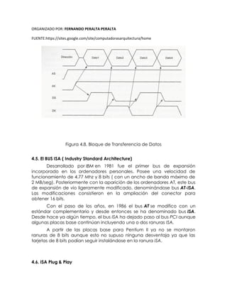 ORGANIZADO POR: FERNANDO PERALTA PERALTA
FUENTE:https://sites.google.com/site/computadorasarquitectura/home
Figura 4.8. Bloque de Transferencia de Datos
4.5. El BUS ISA ( Industry Standard Architecture)
Desarrollado por IBM en 1981 fue el primer bus de expansión
incorporado en los ordenadores personales. Posee una velocidad de
funcionamiento de 4.77 Mhz y 8 bits ( con un ancho de banda máximo de
2 MB/seg). Posteriormente con la aparición de los ordenadores AT, este bus
de expansión de vio ligeramente modificado, denominándose bus AT-ISA.
Las modificaciones consistieron en la ampliación del conector para
obtener 16 bits.
Con el paso de los años, en 1986 el bus AT se modifico con un
estándar complementario y desde entonces se ha denominado bus ISA.
Desde hace ya algún tiempo, el bus ISA ha dejado paso al bus PCI aunque
algunas placas base continúan incluyendo una o dos ranuras ISA.
A partir de las placas base para Pentium II ya no se montaron
ranuras de 8 bits aunque esto no supuso ninguna desventaja ya que las
tarjetas de 8 bits podían seguir instalándose en la ranura ISA.
4.6. ISA Plug & Play
 
