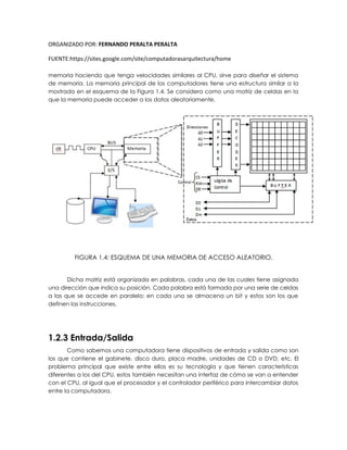 ORGANIZADO POR: FERNANDO PERALTA PERALTA
FUENTE:https://sites.google.com/site/computadorasarquitectura/home
memoria haciendo que tenga velocidades similares al CPU, sirve para diseñar el sistema
de memoria. La memoria principal de los computadores tiene una estructura similar a la
mostrada en el esquema de la Figura 1.4. Se considera como una matriz de celdas en la
que la memoria puede acceder a los datos aleatoriamente.
FIGURA 1.4: ESQUEMA DE UNA MEMORIA DE ACCESO ALEATORIO.
Dicha matriz está organizada en palabras, cada una de las cuales tiene asignada
una dirección que indica su posición. Cada palabra está formada por una serie de celdas
a las que se accede en paralelo; en cada una se almacena un bit y estos son los que
definen las instrucciones.
1.2.3 Entrada/Salida
Como sabemos una computadora tiene dispositivos de entrada y salida como son
los que contiene el gabinete, disco duro, placa madre, unidades de CD o DVD, etc. El
problema principal que existe entre ellos es su tecnología y que tienen características
diferentes a los del CPU, estos también necesitan una interfaz de cómo se van a entender
con el CPU, al igual que el procesador y el controlador periférico para intercambiar datos
entre la computadora.
 