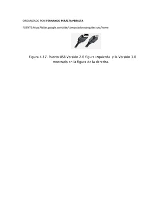 ORGANIZADO POR: FERNANDO PERALTA PERALTA
FUENTE:https://sites.google.com/site/computadorasarquitectura/home
Figura 4.17. Puerto USB Versión 2.0 figura izquierda y la Versión 3.0
mostrado en la figura de la derecha.
 