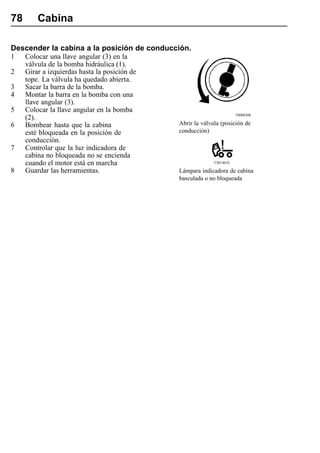 78       Cabina

Descender la cabina a la posición de conducción.
1    Colocar una llave angular (3) en la
     válvula de la bomba hidráulica (1).
2    Girar a izquierdas hasta la posición de
     tope. La válvula ha quedado abierta.
3    Sacar la barra de la bomba.
4    Montar la barra en la bomba con una
     llave angular (3).
5    Colocar la llave angular en la bomba
                                                                        T0008208
     (2).
6    Bombear hasta que la cabina               Abrir la válvula (posición de
     esté bloqueada en la posición de          conducción)
     conducción.
7    Controlar que la luz indicadora de
     cabina no bloqueada no se encienda
     cuando el motor está en marcha                          T3014610

8    Guardar las herramientas.                 Lámpara indicadora de cabina
                                               basculada o no bloqueada
 