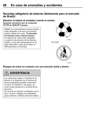 88      En caso de anomalías y accidentes

Reciclaje obligatorio de baterías (Solamente para el mercado
de Brasil)
Devolver la batería al vendedor cuando la cambie.
Requisito normativo por la resolución
257/99 de 30/06/99 Conama.
 ¡Nota! Los consumidores/usuarios finales
 están obligados a devolver las baterías
 usadas al punto de venta. No desechar
 las baterías como si fuesen basura.
 Los puntos de venta están obligados
 a aceptar la devolución de las baterías                  C3000557

 usadas, ya sea para almacenarlas en un      Reciclable
 lugar adecuado o para devolverlas al
 fabricante para su reciclaje.




                                                          C3000558


Riesgos de entrar en contacto con una solución ácida o plomo:

       ADVERTENCIA
 Las soluciones ácidas y el plomo de la
 batería si se desechan en el entorno de
 forma inapropiada pueden contaminar
 el suelo, el subsuelo y las aguas, así
 como causar prejuicios a la salud de las
 personas.
 En caso de un contacto accidental con los
 ojos o la piel, enjuagar con abundante
 agua corriente y obtener atención médica.
 