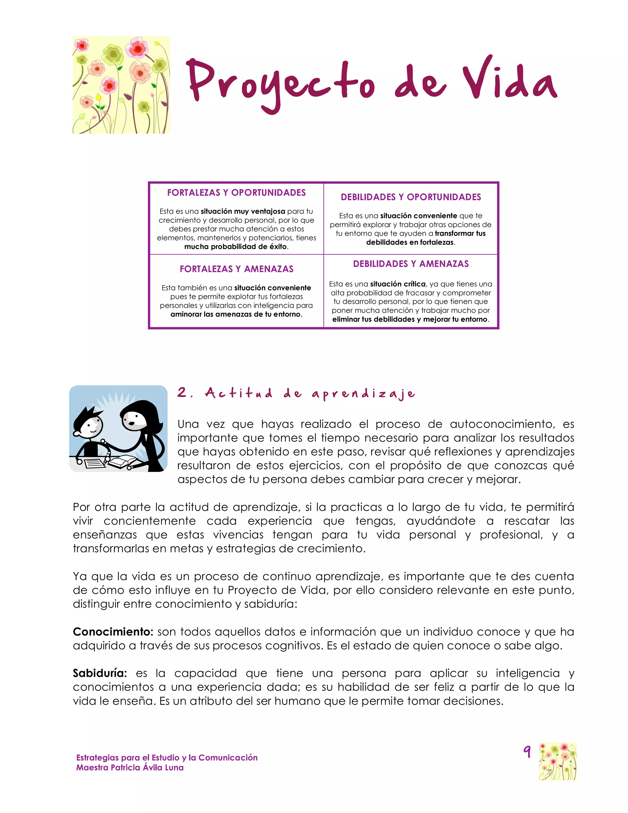 Proyecto de Vida

                      FORTALEZAS Y OPORTUNIDADES                        DEBILIDADES Y OPORTUNIDADES
                     Esta es una situación muy ventajosa para tu
                                                                       Esta es una situación conveniente que te
                    crecimiento y desarrollo personal, por lo que
                                                                     permitirá explorar y trabajar otras opciones de
                        debes prestar mucha atención a estos
                                                                      tu entorno que te ayuden a transformar tus
                    elementos, mantenerlos y potenciarlos, tienes
                                                                                debilidades en fortalezas.
                             mucha probabilidad de éxito.

                                                                            DEBILIDADES Y AMENAZAS
                          FORTALEZAS Y AMENAZAS
                                                                     Esta es una situación crítica, ya que tienes una
                    Esta también es una situación conveniente
                                                                     alta probabilidad de fracasar y comprometer
                       pues te permite explotar tus fortalezas
                                                                      tu desarrollo personal, por lo que tienen que
                    personales y utilizarlas con inteligencia para
                                                                      poner mucha atención y trabajar mucho por
                       aminorar las amenazas de tu entorno.
                                                                      eliminar tus debilidades y mejorar tu entorno.




                         2.      Actitud                 de      aprendizaje

                         Una vez que hayas realizado el proceso de autoconocimiento, es
                         importante que tomes el tiempo necesario para analizar los resultados
                         que hayas obtenido en este paso, revisar qué reflexiones y aprendizajes
                         resultaron de estos ejercicios, con el propósito de que conozcas qué
                         aspectos de tu persona debes cambiar para crecer y mejorar.

Por otra parte la actitud de aprendizaje, si la practicas a lo largo de tu vida, te permitirá
vivir concientemente cada experiencia que tengas, ayudándote a rescatar las
enseñanzas que estas vivencias tengan para tu vida personal y profesional, y a
transformarlas en metas y estrategias de crecimiento.

Ya que la vida es un proceso de continuo aprendizaje, es importante que te des cuenta
de cómo esto influye en tu Proyecto de Vida, por ello considero relevante en este punto,
distinguir entre conocimiento y sabiduría:

Conocimiento: son todos aquellos datos e información que un individuo conoce y que ha
adquirido a través de sus procesos cognitivos. Es el estado de quien conoce o sabe algo.

Sabiduría: es la capacidad que tiene una persona para aplicar su inteligencia y
conocimientos a una experiencia dada; es su habilidad de ser feliz a partir de lo que la
vida le enseña. Es un atributo del ser humano que le permite tomar decisiones.




Estrategias para el Estudio y la Comunicación                                                                           9
Maestra Patricia Ávila Luna
 