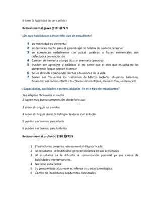 8 tiene la habilidad de ser cariñoso
Retraso mental grave (318.1)F72.9
¿De que habilidades carece este tipo de estudiante?
1 su motricidad es elemental
2 se demoran mucho para el aprendizaje de hábitos de cuidado personal
3 se comunican verbalmente con pocas palabras o frases elementales con
defectuosa pronunciación.
4 Carecen de memoria a largo plazo y memoria operativa.
5 Pueden ser agresivos y coléricos al no sentir que el otro que escucha no les
comprende lo que desean expresar
6 Se les dificulta comprender michas situaciones de la vida.
7 Suelen ser frecuentes los trastornos de hábitos motores: chupeteo, balanceo,
bruxismo, así como síntomas psicóticos: estereotipias, manierismos, ecolalia, etc.
¿Capacidades, cualidades o potencialidades de este tipo de estudiantes?
1se adaptan fácilmente al medio
2 logran muy buena comprensión desde lo visual
3 saben distinguir los sonidos
4 saben distinguir olores y distinguir texturas con el tacto
5 pueden ser buenos para el arte
6 pueden ser buenos para la danza.
Retraso mental profundo (318.2)F73.9
1 El estudiante presenta retraso mental diagnosticado.
2 Al estudiante se le dificulta generar iniciativa en sus actividades
3 Al estudiante se le dificulta la comunicación personal ya que carece de
habilidades interpersonales.
4 No tiene autocontrol.
5 Su pensamiento al parecer es inferior a su edad cronológica.
6 Carece de habilidades académicas funcionales
 