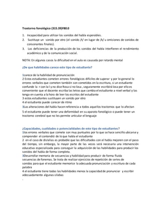 Trastorno fonológico (315.39)F80.0
1. Incapacidad para utilizar los sonidos del habla esperables.
2. Sustituye un sonido por otro (el sonido /t/ en lugar de /k/ u omisiones de sonidos de
consonantes finales).
3. Las deficiencias de la producción de los sonidos del habla interfieren el rendimiento
académico y de la comunicación social.
NOTA: En algunos casos la dificultad en el aula es causada por retardo mental
¿De que habilidades carece este tipo de estudiante?
1carece de la habilidad de pronunciación
2 Estos estudiantes cometen errores fonológicos difíciles de superar y por lo general lo
errores verbales que cometen también son cometidos en la escritura, si un estudiante
confunde la r con la l y no dice Rosa si no losa , seguramente escribirá losa por ello es
conveniente que el docente escriba las letras que cambia el estudiante a nivel verbal y las
tenga en cuenta a la hora de leer los escritos del estudiante
3 estos estudiantes sustituyen un sonido por otro
4 el estudiante puede carecer de ritmo
3Las alteraciones del habla hacen referencia a todos aquellos trastornos que lo afectan
5 el estudiante puede tener una deformidad en su aparato fonológico o puede tener un
trastorno cerebral que no les permite articular el lenguaje
¿Capacidades, cualidades o potencialidades de este tipo de estudiantes?
1los errores verbales que comete son muy puntuales por lo que se hace sencillo ubicarse y
comprender el contendió de lo que habla el estudiante
2 en el caso de dislalias es probable que las dificultades con el habla mejoren con el paso
del tiempo, sin embargo, la mayor parte de las veces será necesaria una intervención
educativa especializada para conseguir la adquisición de las habilidades para producir los
sonidos del habla de forma completa.
3Desarrollar memoria de secuencias y habilidad para producir de forma fluida
secuencias de fonemas. Se trata de realizar ejercicios de repetición de series de
sonidos para que el estudiante memorice la adecuada pronunciación y escritura de cada
palabra
4 el estudiante tiene todas las habilidades menos la capacidad de pronunciar y escribir
adecuadamente algunas silabas
.
 