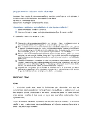¿De que habilidades carece este tipo de estudiante?
1juega en clase con tal de que sus compañeros no noten su deficiencia en la lectura o el
mismo no aceptar si dificultad en la comprensión de textos
2 el niño no comprende textos
3 se esfuerza mucho para comprender las tareas
¿Capacidades, cualidades o potencialidades de este tipo de estudiantes?
1 se recomienda no escribirle las tareas
2 intentar efectuar la mayor parte de actividades de clase de manera verbal
RECOMENDACIONES EN EL AULA DE CLASE
1) Adaptar los exámenes a sus posibilidades con ejercicios y frases sencillas centrando la
evaluación de cada tema en la parte de comprensión y expresión oral.
2) Será necesario considerar de forma individual la necesidad real de repetir curso, ya que
la mayoría de los estudiantes con alguna dificultad específica de aprendizaje no presenta
problemas de comprensión de contenidos. La repetición de curso resulta sumamente
desaconsejable, puesto que no solucionará el problema de sus dificultades.
3) Resulta extremadamente necesario potenciar las capacidades del niño, en las que pueda
destacar, ya sea deporte, música, dibujo, etc., mostrándole que puede tener éxito en
otra faceta de su vida. Es muy positivo elogiar sus fortalezas e insistir en sus habilidades
particulares.
4) Deben considerarse las dificultades REALES que presenta el estudiante en ortografía, ya
que esta área junto a la lectura siempre va a representar una “inhabilidad”. Por ello, se
debe evitar que las faltas de ortografía en dictados y exámenes le bajen la nota de los
mismos, de la evaluación, o bien, que sean motivo de suspenso.
5) Disponer de un ejemplo que le facilite la comprensión de lo que tiene que hacer
exactamente, ya que presenta dificultades considerables a nivel de comprensión lectora,
lo que también se refiere a la comprensión de los enunciados.
DIFICULTADES FISICAS
VISUAL
El estudiante puede tener todas las habilidades para desarrollar todo tipo de
competencias, las clases deben ser menos graficas y mas auditivas, se debe dicar un poco
mas despacio ya que su escritura es en braille , el deporte puede ser futboll con una
pelota sonora o saltos de lazo puede ser bueno para tocar algún instrumento o hacer
figuras en barro.
En caso de tener un estudiante invidente o con dificultad visual se aconseja a la institución
instalar el jaws en algunos de los computadores de la institución para que el programa le
ayude a desplazarse por Windows
 