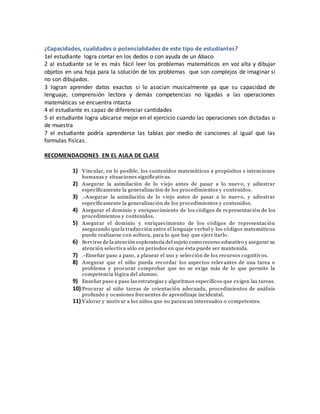 ¿Capacidades, cualidades o potencialidades de este tipo de estudiantes?
1el estudiante logra contar en los dedos o con ayuda de un Abaco
2 al estudiante se le es más fácil leer los problemas matemáticos en voz alta y dibujar
objetos en una hoja para la solución de los problemas que son complejos de imaginar si
no son dibujados.
3 logran aprender datos exactos si lo asocian musicalmente ya que su capacidad de
lenguaje, comprensión lectora y demás competencias no ligadas a las operaciones
matemáticas se encuentra intacta
4 el estudiante es capaz de diferenciar cantidades
5 el estudiante logra ubicarse mejor en el ejercicio cuando las operaciones son dictadas o
de muestra
7 el estudiante podría aprenderse las tablas por medio de canciones al igual que las
formulas físicas.
RECOMENDACIONES EN EL AULA DE CLASE
1) Vincular, en lo posible, los contenidos matemáticos a propósitos e intenciones
humanas y situaciones significativas.
2) Asegurar la asimilación de lo viejo antes de pasar a lo nuevo, y adiestrar
específicamente la generalización de los procedimientos y contenidos.
3) .-Asegurar la asimilación de lo viejo antes de pasar a lo nuevo, y adiestrar
específicamente la generalización de los procedimientos y contenidos.
4) Asegurar el dominio y enriquecimiento de los códigos de representación de los
procedimientos y contenidos.
5) Asegurar el dominio y enriquecimiento de los códigos de representación
asegurando quela traducción entre el lenguaje verbal y los códigos matemáticos
puede realizarse con soltura, para lo que hay que ejerc itarlo.
6) Servirse de la atención exploratoria del sujeto como recurso educativo y asegurar su
atención selectiva sólo en periodos en que ésta puede ser mantenida.
7) .-Enseñar paso a paso, a planear el uso y selección de los recursos cognitivos.
8) Asegurar que el niño pueda recordar los aspectos relevantes de una tarea o
problema y procurar comprobar que no se exige más de lo que permite la
competencia lógica del alumno.
9) Enseñar paso a paso las estrategias y algoritmos específicos que exigen las tareas.
10) Procurar al niño tareas de orientación adecuada, procedimientos de análisis
profundo y ocasiones frecuentes de aprendizaje incidental.
11) Valorar y motivar a los niños que no parezcan interesados o competentes.
 