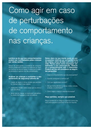 Como agir em caso
     de perturbações
     de comportamento
     nas crianças.
     Lembre-se de que tais comportamentos                     Deixe claro na sua mente quais as pre-
     podem ser manifestados pelas crianças                    ocupações relativas ao comportamento
     por várias razões.                                       da criança, antes de falar com o pai ou a
                                                              mãe. Pense sobre como expressar ver-
     Apesar de preocupante, a existência de comporta-         balmente a sua preocupação. Descre-
     mentos problemáticos poderá ser explicada por diver-     va o comportamento sem o interpretar.
     sos factores na vida da criança. A exposição à violên-   Poderá ser-lhe útil considerar as seguin-
     cia doméstica é apenas uma das possibilidades.           tes perguntas:

                                                              ¬ Quais os comportamentos que são preocupantes?
     Acalmar as crianças e aumentar o seu
     sentimento de segurança através de:                      ¬ Quando começaram a verificar-se?

     ¬ criação de regras e rotinas simples que permitam       ¬ Com que regularidade ocorrem?
        às crianças saber o que esperar;
                                                              ¬ De que forma afectam a criança, outras crianças,
     ¬ explicações simples sobre coisas que as preocu-           a equipa, as actividades?
        pam (barulhos);
                                                              ¬ Como reage a criança à resposta da equipa?
     ¬ deixar que as crianças se expressem naturalmen-
        te através da linguagem e das brincadeiras.
                                                              Peça opiniões, sempre que possível.

                                                              Peça a opinião de um colega ou supervisor acerca das
                                                              suas preocupações e possíveis formas de resposta.




12
 