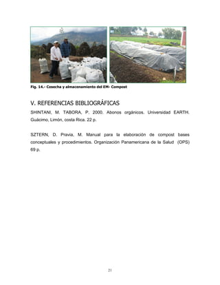 Fig. 14.- Cosecha y almacenamiento del EM- Compost

V. REFERENCIAS BIBLIOGRÁFICAS
SHINTANI, M. TABORA, P. 2000. Abonos orgánicos. Universidad EARTH.
Guácimo, Limón, costa Rica. 22 p.

SZTERN, D. Pravia, M. Manual para la elaboración de compost bases
conceptuales y procedimientos. Organización Panamericana de la Salud (OPS)
69 p.

21

 