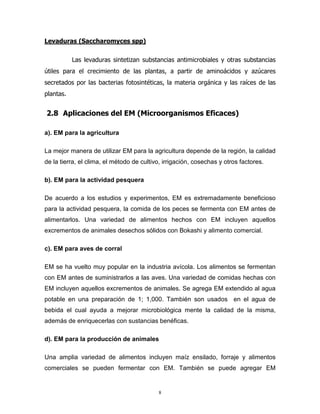 Levaduras (Saccharomyces spp)
Las levaduras sintetizan substancias antimicrobiales y otras substancias
útiles para el crecimiento de las plantas, a partir de aminoácidos y azúcares
secretados por las bacterias fotosintéticas, la materia orgánica y las raíces de las
plantas.

2.8 Aplicaciones del EM (Microorganismos Eficaces)
a). EM para la agricultura
La mejor manera de utilizar EM para la agricultura depende de la región, la calidad
de la tierra, el clima, el método de cultivo, irrigación, cosechas y otros factores.
b). EM para la actividad pesquera
De acuerdo a los estudios y experimentos, EM es extremadamente beneficioso
para la actividad pesquera, la comida de los peces se fermenta con EM antes de
alimentarlos. Una variedad de alimentos hechos con EM incluyen aquellos
excrementos de animales desechos sólidos con Bokashi y alimento comercial.
c). EM para aves de corral
EM se ha vuelto muy popular en la industria avícola. Los alimentos se fermentan
con EM antes de suministrarlos a las aves. Una variedad de comidas hechas con
EM incluyen aquellos excrementos de animales. Se agrega EM extendido al agua
potable en una preparación de 1; 1,000. También son usados en el agua de
bebida el cual ayuda a mejorar microbiológica mente la calidad de la misma,
además de enriquecerlas con sustancias benéficas.
d). EM para la producción de animales
Una amplia variedad de alimentos incluyen maíz ensilado, forraje y alimentos
comerciales se pueden fermentar con EM. También se puede agregar EM

8

 