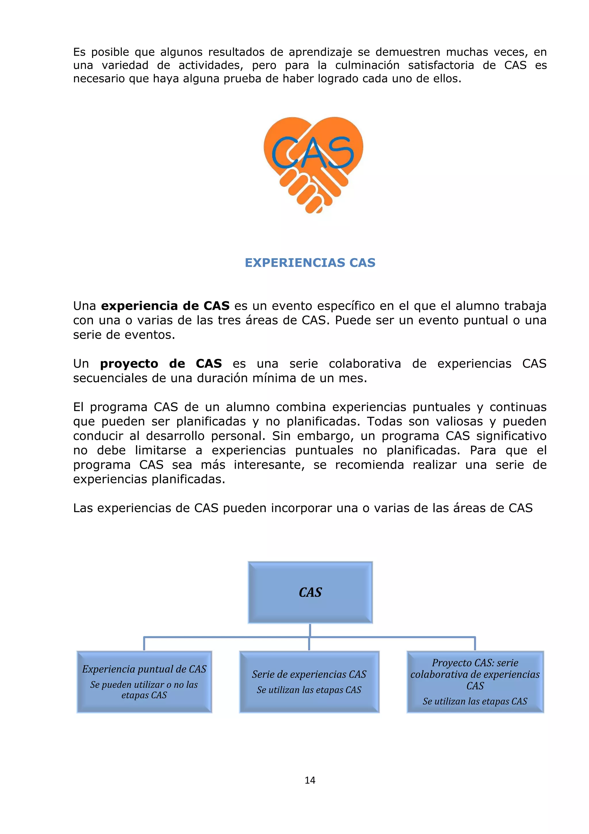 14
Es posible que algunos resultados de aprendizaje se demuestren muchas veces, en
una variedad de actividades, pero para la culminación satisfactoria de CAS es
necesario que haya alguna prueba de haber logrado cada uno de ellos.
EXPERIENCIAS CAS
Una experiencia de CAS es un evento específico en el que el alumno trabaja
con una o varias de las tres áreas de CAS. Puede ser un evento puntual o una
serie de eventos.
Un proyecto de CAS es una serie colaborativa de experiencias CAS
secuenciales de una duración mínima de un mes.
El programa CAS de un alumno combina experiencias puntuales y continuas
que pueden ser planificadas y no planificadas. Todas son valiosas y pueden
conducir al desarrollo personal. Sin embargo, un programa CAS significativo
no debe limitarse a experiencias puntuales no planificadas. Para que el
programa CAS sea más interesante, se recomienda realizar una serie de
experiencias planificadas.
Las experiencias de CAS pueden incorporar una o varias de las áreas de CAS
CAS
Proyecto CAS: serie
colaborativa de experiencias
CAS
Se utilizan las etapas CAS
Serie de experiencias CAS
Se utilizan las etapas CAS
Experiencia puntual de CAS
Se pueden utilizar o no las
etapas CAS
 