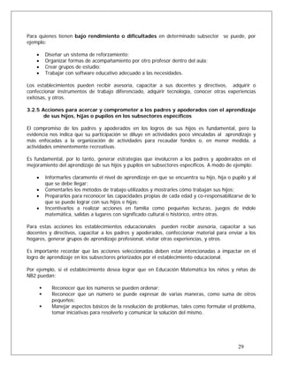 Para quienes tienen bajo rendimiento o dificultades en determinado subsector se puede, por
ejemplo:
• Diseñar un sistema de reforzamiento;
• Organizar formas de acompañamiento por otro profesor dentro del aula;
• Crear grupos de estudio;
• Trabajar con software educativo adecuado a las necesidades.
Los establecimientos pueden recibir asesoría, capacitar a sus docentes y directivos, adquirir o
confeccionar instrumentos de trabajo diferenciado, adquirir tecnología, conocer otras experiencias
exitosas, y otros.
3.2.5 Acciones para acercar y comprometer a los padres y apoderados con el aprendizaje
de sus hijos, hijas o pupilos en los subsectores específicos
El compromiso de los padres y apoderados en los logros de sus hijos es fundamental, pero la
evidencia nos indica que su participación se diluye en actividades poco vinculadas al aprendizaje y
más enfocadas a la organización de actividades para recaudar fondos o, en menor medida, a
actividades eminentemente recreativas.
Es fundamental, por lo tanto, generar estrategias que involucren a los padres y apoderados en el
mejoramiento del aprendizaje de sus hijos y pupilos en subsectores específicos. A modo de ejemplo:
• Informarles claramente el nivel de aprendizaje en que se encuentra su hijo, hija o pupilo y al
que se debe llegar;
• Comentarles los métodos de trabajo utilizados y mostrarles cómo trabajan sus hijos;
• Prepararlos para reconocer las capacidades propias de cada edad y co-responsabilizarse de lo
que se puede lograr con sus hijos e hijas;
• Incentivarlos a realizar acciones en familia como pequeñas lecturas, juegos de índole
matemática, salidas a lugares con significado cultural o histórico, entre otras.
Para estas acciones los establecimientos educacionales pueden recibir asesoría, capacitar a sus
docentes y directivos, capacitar a los padres y apoderados, confeccionar material para enviar a los
hogares, generar grupos de aprendizaje profesional, visitar otras experiencias, y otros.
Es importante recordar que las acciones seleccionadas deben estar intencionadas a impactar en el
logro de aprendizaje en los subsectores priorizados por el establecimiento educacional.
Por ejemplo, si el establecimiento desea lograr que en Educación Matemática los niños y niñas de
NB2 puedan:
Reconocer que los números se pueden ordenar;
Reconocer que un número se puede expresar de varias maneras, como suma de otros
pequeños;
29
Manejar aspectos básicos de la resolución de problemas, tales como formular el problema,
tomar iniciativas para resolverlo y comunicar la solución del mismo.
 