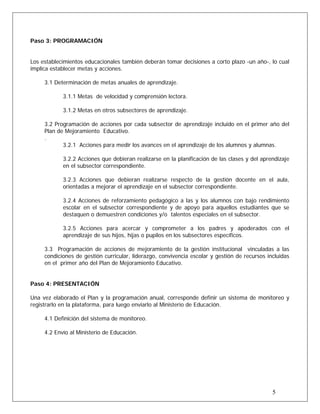 Paso 3: PROGRAMACIÓN
Los establecimientos educacionales también deberán tomar decisiones a corto plazo -un año-, lo cual
implica establecer metas y acciones.
3.1 Determinación de metas anuales de aprendizaje.
3.1.1 Metas de velocidad y comprensión lectora.
3.1.2 Metas en otros subsectores de aprendizaje.
3.2 Programación de acciones por cada subsector de aprendizaje incluido en el primer año del
Plan de Mejoramiento Educativo.
.
3.2.1 Acciones para medir los avances en el aprendizaje de los alumnos y alumnas.
3.2.2 Acciones que debieran realizarse en la planificación de las clases y del aprendizaje
en el subsector correspondiente.
3.2.3 Acciones que debieran realizarse respecto de la gestión docente en el aula,
orientadas a mejorar el aprendizaje en el subsector correspondiente.
3.2.4 Acciones de reforzamiento pedagógico a las y los alumnos con bajo rendimiento
escolar en el subsector correspondiente y de apoyo para aquellos estudiantes que se
destaquen o demuestren condiciones y/o talentos especiales en el subsector.
3.2.5 Acciones para acercar y comprometer a los padres y apoderados con el
aprendizaje de sus hijos, hijas o pupilos en los subsectores específicos.
3.3 Programación de acciones de mejoramiento de la gestión institucional vinculadas a las
condiciones de gestión curricular, liderazgo, convivencia escolar y gestión de recursos incluidas
en el primer año del Plan de Mejoramiento Educativo.
Paso 4: PRESENTACIÓN
Una vez elaborado el Plan y la programación anual, corresponde definir un sistema de monitoreo y
registrarlo en la plataforma, para luego enviarlo al Ministerio de Educación.
4.1 Definición del sistema de monitoreo.
4.2 Envío al Ministerio de Educación.
5
 