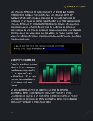 Las líneas de tendencia se pueden aplicar a un gráfico que muestra
prácticamente cualquier marco de tiempo. Sin embargo, como con
cualquier otra herramienta para el análisis de mercado, las líneas de
tendencia en un marco de tiempo mayor tienden a ser más fiables que las
líneas de tendencia en intervalos temporales más breves. Otro aspecto a
considerar aquí es la fuerza de una línea de tendencia. La definición
convencional de una línea de tendencia establece que debe tocar el precio
al menos dos o tres veces para que sea válida. De hecho, cuantas más
veces haya tocado (probado) el precio cierta línea de tendencia, más fiable
puede considerarse.
Si quiere leer más sobre cómo dibujar líneas de tendencia:
Guía sobre Líneas de Tendencia ➤bit.ly/AcademyEBook24
Soporte y resistencia
Soportes y resistencias son
algunos de los conceptos
más básicos relacionados
con la negociación y el
análisis técnico. El soporte
representa un nivel donde
el precio encuentra un
"suelo".
En otras palabras, un nivel de soporte es un área de demanda
significativa, donde los compradores intervienen y suben el precio.
Una resistencia equivale a un nivel donde el precio encuentra un "techo".
Una resistencia es un área de oferta significativa, donde los vendedores
intervienen y empujan el precio hacia abajo.
53
 