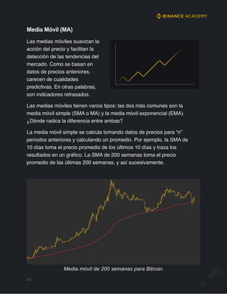 Media Móvil (MA)
Las medias móviles suavizan la
acción del precio y facilitan la
detección de las tendencias del
mercado. Como se basan en
datos de precios anteriores,
carecen de cualidades
predictivas. En otras palabras,
son indicadores retrasados.
Las medias móviles tienen varios tipos: las dos más comunes son la
media móvil simple (SMA o MA) y la media móvil exponencial (EMA).
¿Dónde radica la diferencia entre ambas?
La media móvil simple se calcula tomando datos de precios para “n”
períodos anteriores y calculando un promedio. Por ejemplo, la SMA de
10 días toma el precio promedio de los últimos 10 días y traza los
resultados en un gráfico. La SMA de 200 semanas toma el precio
promedio de las últimas 200 semanas, y así sucesivamente.
Media móvil de 200 semanas para Bitcoin.
62
 