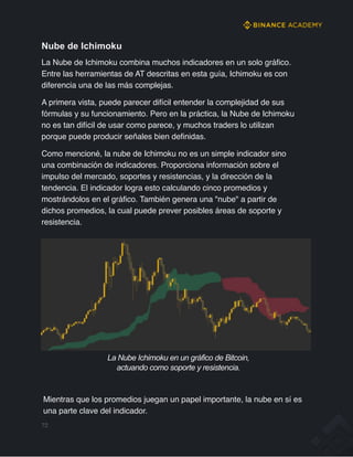 Nube de Ichimoku
La Nube de Ichimoku combina muchos indicadores en un solo gráfico.
Entre las herramientas de AT descritas en esta guía, Ichimoku es con
diferencia una de las más complejas.
A primera vista, puede parecer difícil entender la complejidad de sus
fórmulas y su funcionamiento. Pero en la práctica, la Nube de Ichimoku
no es tan difícil de usar como parece, y muchos traders lo utilizan
porque puede producir señales bien definidas.
Como mencioné, la nube de Ichimoku no es un simple indicador sino
una combinación de indicadores. Proporciona información sobre el
impulso del mercado, soportes y resistencias, y la dirección de la
tendencia. El indicador logra esto calculando cinco promedios y
mostrándolos en el gráfico. También genera una "nube" a partir de
dichos promedios, la cual puede prever posibles áreas de soporte y
resistencia.
La Nube Ichimoku en un gráfico de Bitcoin,
actuando como soporte y resistencia.
Mientras que los promedios juegan un papel importante, la nube en sí es
una parte clave del indicador.
72
 