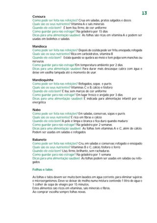 13
Cenoura
Como pode ser feita nas refeições? Crua em saladas, pratos salgados e doces
Quais são os seus nutrientes? Vitamina A e sais minerais
Quando ele está bom? É bem lisa, firme, de cor uniforme
Como guardar para não estragar? Na geladeira por 15 dias
Dicas para uma alimentação saudável: As folhas são ricas em vitamina A e podem ser
usadas em bolinhos e saladas
Mandioca
Como pode ser feita nas refeições? Depois de cozida pode ser frita,ensopada,refogada
Quais são os seus nutrientes? Rica em carboidratos, vitamina B
Quando ele está bom? Estala quando se quebra ao meio e tem polpa sem manchas ou
nervuras
Como guardar para não estragar?Em temperatura ambiente por 2 dias
Dicas para uma alimentação saudável: Para durar mais descasque cubra com água e
deixe em vasilha tampada até o momento de usar
Mandioquinha
Como pode ser feita nas refeições? Refogados, sopas e purês
Quais são os seus nutrientes? Vitaminas C e B, cálcio e fósforo
Quando ele está bom? É lisa, sem marcas de cor uniforme
Como guardar para não estragar? Em lugar fresco e arejado por 3 dias
Dicas para uma alimentação saudável: É indicada para alimentação infantil por ser
energética
Nabo
Como pode ser feita nas refeições? Em saladas, conservas, sopas e purês
Quais são os seus nutrientes? É rico em fibras e cálcio
Quando ele está bom? A pele é limpa e branca e fica duro quando maduro
Como guardar para não estragar? Na geladeira por 2 semanas
Dicas para uma alimentação saudável: As folhas tem vitaminas A e C, além de cálcio.
Podem ser usadas em saladas e refogados
Rabanete
Como pode ser feita nas refeições? Cru,em saladas e conservas; refogado e ensopado
Quais são os seus nutrientes? Vitaminas B e C, cálcio, fósforo e ferro
Quando ele está bom? Liso, firme, brilhante, sem rachaduras
Como guardar para não estragar? Na geladeira por 1 semana
Dicas para uma alimentação saudável: As folhas podem ser usadas em saladas ou refo-
gados
Folhas e talos
As folhas e talos devem ser muito bem lavados em água corrente,para eliminar sujeiras
e microorganismos.Deve-se deixar de molho numa mistura contendo 1 litro de água e
1 colher de sopa de vinagre por 15 minutos.
Estes alimentos são ricos em vitaminas, sais minerais e fibras.
Ao comprar escolha sempre folhas novas.
 