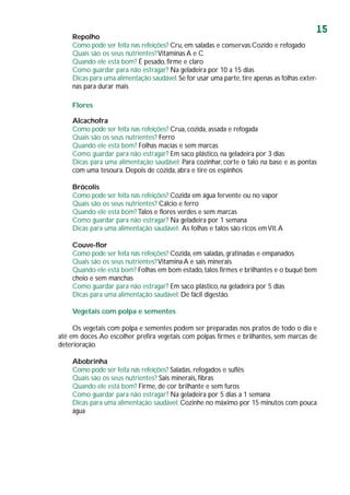 15
Repolho
Como pode ser feita nas refeições? Cru, em saladas e conservas.Cozido e refogado
Quais são os seus nutrientes?Vitaminas A e C
Quando ele está bom? É pesado, firme e claro
Como guardar para não estragar? Na geladeira por 10 a 15 dias
Dicas para uma alimentação saudável:Se for usar uma parte,tire apenas as folhas exter-
nas para durar mais
Flores
Alcachofra
Como pode ser feita nas refeições? Crua, cozida, assada e refogada
Quais são os seus nutrientes? Ferro
Quando ele está bom? Folhas macias e sem marcas
Como guardar para não estragar? Em saco plástico, na geladeira por 3 dias
Dicas para uma alimentação saudável: Para cozinhar, corte o talo na base e as pontas
com uma tesoura. Depois de cozida, abra e tire os espinhos
Brócolis
Como pode ser feita nas refeições? Cozida em água fervente ou no vapor
Quais são os seus nutrientes? Cálcio e ferro
Quando ele está bom? Talos e flores verdes e sem marcas
Como guardar para não estragar? Na geladeira por 1 semana
Dicas para uma alimentação saudável: As folhas e talos são ricos emVit.A
Couve-flor
Como pode ser feita nas refeições? Cozida, em saladas, gratinadas e empanados
Quais são os seus nutrientes?Vitamina A e sais minerais
Quando ele está bom? Folhas em bom estado, talos firmes e brilhantes e o buquê bem
cheio e sem manchas
Como guardar para não estragar? Em saco plástico, na geladeira por 5 dias
Dicas para uma alimentação saudável: De fácil digestão.
Vegetais com polpa e sementes
Os vegetais com polpa e sementes podem ser preparadas nos pratos de todo o dia e
até em doces.Ao escolher prefira vegetais com polpas firmes e brilhantes, sem marcas de
deterioração.
Abobrinha
Como pode ser feita nas refeições? Saladas, refogados e suflês
Quais são os seus nutrientes? Sais minerais, fibras
Quando ele está bom? Firme, de cor brilhante e sem furos
Como guardar para não estragar? Na geladeira por 5 dias a 1 semana
Dicas para uma alimentação saudável: Cozinhe no máximo por 15 minutos com pouca
água
 
