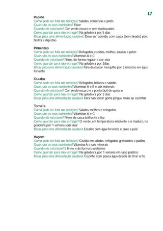 17
Pepino
Como pode ser feita nas refeições? Saladas, conservas e patês
Quais são os seus nutrientes? Flúor
Quando ele está bom? Cor verde-escuro e sem machucados
Como guardar para não estragar? Na geladeira por 5 dias
Dicas para uma alimentação saudável: Deve ser comido com casca (bem lavado) pois
facilita a digestão
Pimentão
Como pode ser feita nas refeições? Refogados, cozidos, molhos, saladas e patês
Quais são os seus nutrientes?Vitaminas A e C
Quando ele está bom? Firme, de forma regular e cor viva
Como guardar para não estragar? Na geladeira por 3dias
Dicas para uma alimentação saudável:Para descascar mergulhe por 2 minutos em água
fervente
Quiabo
Como pode ser feita nas refeições? Refogados, frituras e saladas
Quais são os seus nutrientes?Vitaminas A e B e sais minerais
Quando ele está bom? Cor verde-escuro e a ponta fácil de quebrar
Como guardar para não estragar? Na geladeira por 2 dias
Dicas para uma alimentação saudável: Para não soltar goma pingue limão ao cozinhar
Tomate
Como pode ser feita nas refeições? Saladas, molhos e refogados
Quais são os seus nutrientes?Vitaminas A e C
Quando ele está bom? Firme de casca brilhante e lisa
Como guardar para não estragar? O verde, em temperatura ambiente e o maduro, na
geladeira por 1 semana sem lavar
Dicas para uma alimentação saudável: Escalde com água fervente e puxe a pele
Vagem
Como pode ser feita nas refeições? Cozida em saladas, refogados, gratinados e pudins
Quais são os seus nutrientes?Vitamina A e sais minerais
Quando ele está bom? É firme e de formato uniforme
Como guardar para não estragar? Na geladeira, por 1 semana em saco plástico
Dicas para uma alimentação saudável: Cozinhe com pouca água depois de tirar o fio
 