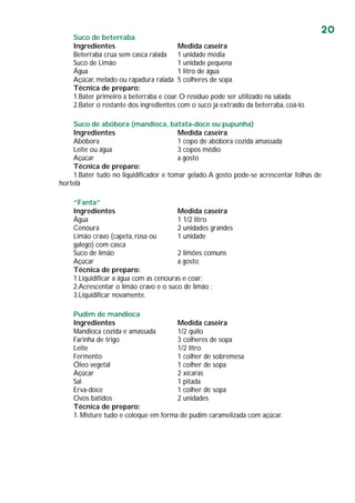 20
Suco de beterraba
Ingredientes Medida caseira
Beterraba crua sem casca ralada 1 unidade média
Suco de Limão 1 unidade pequena
Água 1 litro de água
Açúcar, melado ou rapadura ralada 5 colheres de sopa
Técnica de preparo:
1.Bater primeiro a beterraba e coar. O resíduo pode ser utilizado na salada.
2.Bater o restante dos ingredientes com o suco já extraído da beterraba, coá-lo.
Suco de abóbora (mandioca, batata-doce ou pupunha)
Ingredientes Medida caseira
Abóbora 1 copo de abóbora cozida amassada
Leite ou água 3 copos médio
Açúcar a gosto
Técnica de preparo:
1.Bater tudo no liquidificador e tomar gelado.A gosto pode-se acrescentar folhas de
hortelã
“Fanta”
Ingredientes Medida caseira
Água 1 1/2 litro
Cenoura 2 unidades grandes
Limão cravo (capeta, rosa ou 1 unidade
galego) com casca
Suco de limão 2 limões comuns
Açúcar a gosto
Técnica de preparo:
1.Liquidificar a água com as cenouras e coar;
2.Acrescentar o limão cravo e o suco de limão ;
3.Liquidificar novamente.
Pudim de mandioca
Ingredientes Medida caseira
Mandioca cozida e amassada 1/2 quilo
Farinha de trigo 3 colheres de sopa
Leite 1/2 litro
Fermento 1 colher de sobremesa
Óleo vegetal 1 colher de sopa
Açúcar 2 xícaras
Sal 1 pitada
Erva-doce 1 colher de sopa
Ovos batidos 2 unidades
Técnica de preparo:
1. Misture tudo e coloque em forma de pudim caramelizada com açúcar.
 