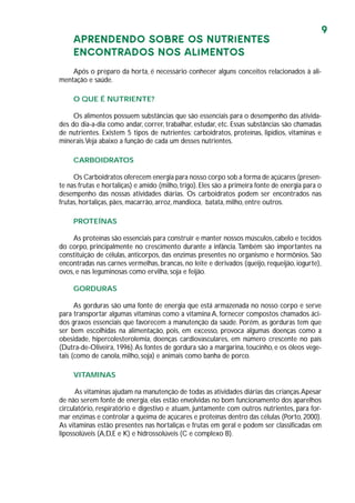 9
APRENDENDO SOBRE OS NUTRIENTES
ENCONTRADOS NOS ALIMENTOS
Após o preparo da horta, é necessário conhecer alguns conceitos relacionados à ali-
mentação e saúde.
O QUE É NUTRIENTE?
Os alimentos possuem substâncias que são essenciais para o desempenho das ativida-
des do dia-a-dia como andar, correr, trabalhar, estudar, etc. Essas substâncias são chamadas
de nutrientes. Existem 5 tipos de nutrientes: carboidratos, proteínas, lipídios, vitaminas e
minerais.Veja abaixo a função de cada um desses nutrientes.
CARBOIDRATOS
Os Carboidratos oferecem energia para nosso corpo sob a forma de açúcares (presen-
te nas frutas e hortaliças) e amido (milho,trigo). Eles são a primeira fonte de energia para o
desempenho das nossas atividades diárias. Os carboidratos podem ser encontrados nas
frutas, hortaliças, pães, macarrão, arroz, mandioca, batata, milho, entre outros.
PROTEÍNAS
As proteínas são essenciais para construir e manter nossos músculos,cabelo e tecidos
do corpo, principalmente no crescimento durante a infância.Também são importantes na
constituição de células, anticorpos, das enzimas presentes no organismo e hormônios. São
encontradas nas carnes vermelhas, brancas, no leite e derivados (queijo, requeijão, iogurte),
ovos, e nas leguminosas como ervilha, soja e feijão.
GORDURAS
As gorduras são uma fonte de energia que está armazenada no nosso corpo e serve
para transportar algumas vitaminas como a vitamina A, fornecer compostos chamados áci-
dos graxos essenciais que favorecem a manutenção da saúde. Porém, as gorduras tem que
ser bem escolhidas na alimentação, pois, em excesso, provoca algumas doenças como a
obesidade, hipercolesterolemia, doenças cardiovasculares, em número crescente no país
(Dutra-de-Oliveira, 1996).As fontes de gordura são a margarina, toucinho, e os óleos vege-
tais (como de canola, milho, soja) e animais como banha de porco.
VITAMINAS
As vitaminas ajudam na manutenção de todas as atividades diárias das crianças.Apesar
de não serem fonte de energia, elas estão envolvidas no bom funcionamento dos aparelhos
circulatório, respiratório e digestivo e atuam, juntamente com outros nutrientes, para for-
mar enzimas e controlar a queima de açúcares e proteínas dentro das células (Porto, 2000).
As vitaminas estão presentes nas hortaliças e frutas em geral e podem ser classificadas em
lipossolúveis (A,D,E e K) e hidrossolúveis (C e complexo B).
 