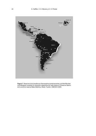 24 G. Halffter, C. E. Moreno y E. O. Pineda
Figura 1. Reservas de la biosfera en Iberoamérica pertenecientes a la Red Mundial.
Los triángulos muestran la ubicación específica de cada reserva. El área en blanco
es la enorme reserva Mata Atlántica, Brasil. Fuente: UNESCO 2000.
 