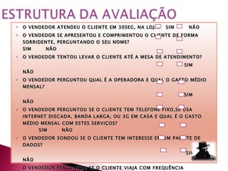 O VENDEDOR ATENDEU O CLIENTE EM 30SEG, NA LOJA?  SIM  NÃO O VENDEDOR SE APRESENTOU E COMPRIMENTOU O CLIENTE DE FORMA SORRIDENTE, PERGUNTANDO O SEU NOME?  SIM  NÃO O VENDEDOR TENTOU LEVAR O CLIENTE ATÉ A MESA DE ATENDIMENTO? SIM  NÃO  O VENDEDOR PERGUNTOU QUAL É A OPERADORA E QUAL O GASTO MÉDIO MENSAL? SIM  NÃO  O VENDEDOR PERGUNTOU SE O CLIENTE TEM TELEFONE FIXO,SE USA INTERNET DISCADA, BANDA LARGA, OU 3G EM CASA E QUAL É O GASTO MÉDIO MENSAL COM ESTES SERVIÇOS?  SIM  NÃO O VENDEDOR SONDOU SE O CLIENTE TEM INTERESSE EM UM PACOTE DE DADOS? SIM  NÃO O VENDEDOR PERGUNTOU SE O CLIENTE VIAJA COM FREQUÊNCIA UTILIZANDO DDD E DESLOCAMENTO E QUAL O SEU GASTO MENSAL?  SIM  NÃO O VENDEDOR UTILIZOU AS INFORMAÇÕES FORNECIDAS PELO CLIENTE PARA OFERECER O PLANO/SERVIÇO OI ADEQUADO AO SEU PERFIL COM FOCO NO SERVIÇO? SIM  NÃO O VENDEDOR FEZ AS CONTAS COM O CLIENTE PARA DEMONSTRAR AS VANTAGENS EM MIGRAR PARA A OI?  SIM  NÃO O VENDEDOR PERGUNTOU SE O APARELHO DO CLIENTE É DESBLOQUEADO? SIM  NÃO 