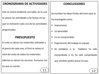 CRONOGRAMA DE ACTIVIDADES
Este se realiza mediante una tabla, en la cual
se ubican las actividades y las fechas en las
que se realizarán cada una de las actividades
programadas.
PRESUPUESTO
En este se ubican los materiales utilizados y
el precio de cada uno; al final se coloca el
total del costo de todos los materiales.
Además se ubican los recursos humanos con
los que se cuenta.
CONCLUSIONES
Se escriben las ideas finales del tema que se
ha investigado como:
 Impresiones
 Lo aprendido
 Lo no comprendido
 Experiencias del trabajo en equipo
 Se establece si la hipótesis ha sido
comprobada o no ha sido comprobada
que también podría darse el caso.
11 12
 