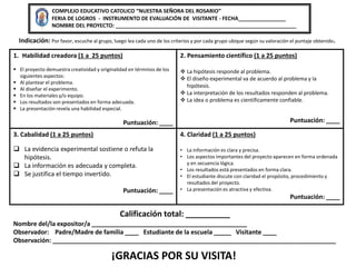 COMPLEJO EDUCATIVO CATOLICO “NUESTRA SEÑORA DEL ROSARIO”
FERIA DE LOGROS - INSTRUMENTO DE EVALUACIÓN DE VISITANTE - FECHA________________
NOMBRE DEL PROYECTO: _____________________________________________________________
1. Habilidad creadora (1 a 25 puntos)
 El proyecto demuestra creatividad y originalidad en términos de los
siguientes aspectos:
 Al plantear el problema.
 Al diseñar el experimento.
 En los materiales y/o equipo.
 Los resultados son presentados en forma adecuada.
 La presentación revela una habilidad especial.
Puntuación: ____
2. Pensamiento científico (1 a 25 puntos)
 La hipótesis responde al problema.
 El diseño experimental va de acuerdo al problema y la
hipótesis.
 La interpretación de los resultados responden al problema.
 La idea o problema es científicamente confiable.
Puntuación: ____
3. Cabalidad (1 a 25 puntos)
 La evidencia experimental sostiene o refuta la
hipótesis.
 La información es adecuada y completa.
 Se justifica el tiempo invertido.
Puntuación: ____
4. Claridad (1 a 25 puntos)
• La información es clara y precisa.
• Los aspectos importantes del proyecto aparecen en forma ordenada
y en secuencia lógica.
• Los resultados está presentados en forma clara.
• El estudiante discute con claridad el propósito, procedimiento y
resultados del proyecto.
• La presentación es atractiva y efectiva.
Puntuación: ____
Nombre del/la expositor/a _____________________________________________
Observador: Padre/Madre de familia ____ Estudiante de la escuela _____ Visitante ____
Observación: __________________________________________________________________________________
Calificación total: __________
Indicación: Por favor, escuche al grupo, luego lea cada uno de los criterios y por cada grupo ubique según su valoración el puntaje obtenido.
¡GRACIAS POR SU VISITA!
 
