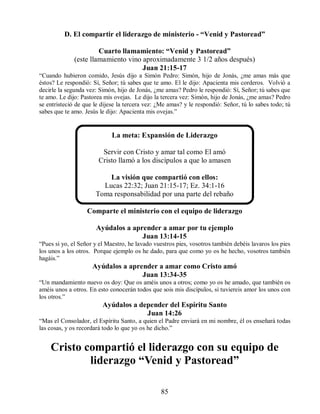 85
D. El compartir el liderazgo de ministerio - “Venid y Pastoread”
Cuarto llamamiento: “Venid y Pastoread”
(este llamamiento vino aproximadamente 3 1/2 años después)
Juan 21:15-17
“Cuando hubieron comido, Jesús dijo a Simón Pedro: Simón, hijo de Jonás, ¿me amas más que
éstos? Le respondió: Sí, Señor; tú sabes que te amo. El le dijo: Apacienta mis corderos. Volvió a
decirle la segunda vez: Simón, hijo de Jonás, ¿me amas? Pedro le respondió: Sí, Señor; tú sabes que
te amo. Le dijo: Pastorea mis ovejas. Le dijo la tercera vez: Simón, hijo de Jonás, ¿me amas? Pedro
se entristeció de que le dijese la tercera vez: ¿Me amas? y le respondió: Señor, tú lo sabes todo; tú
sabes que te amo. Jesús le dijo: Apacienta mis ovejas.”
La meta: Expansión de Liderazgo
Servir con Cristo y amar tal como El amó
Cristo llamó a los discípulos a que lo amasen
La visión que compartió con ellos:
Lucas 22:32; Juan 21:15-17; Ez. 34:1-16
Toma responsabilidad por una parte del rebaño
Comparte el ministerio con el equipo de liderazgo
Ayúdalos a aprender a amar por tu ejemplo
Juan 13:14-15
“Pues si yo, el Señor y el Maestro, he lavado vuestros pies, vosotros también debéis lavaros los pies
los unos a los otros. Porque ejemplo os he dado, para que como yo os he hecho, vosotros también
hagáis.”
Ayúdalos a aprender a amar como Cristo amó
Juan 13:34-35
“Un mandamiento nuevo os doy: Que os améis unos a otros; como yo os he amado, que también os
améis unos a otros. En esto conocerán todos que sois mis discípulos, si tuviereis amor los unos con
los otros.”
Ayúdalos a depender del Espíritu Santo
Juan 14:26
“Mas el Consolador, el Espíritu Santo, a quien el Padre enviará en mi nombre, él os enseñará todas
las cosas, y os recordará todo lo que yo os he dicho.”
Cristo compartió el liderazgo con su equipo de
liderazgo “Venid y Pastoread”
 
