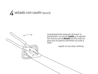 4 sellado con cautín   (paso3)




                           inmediatamente después de hacer la
                           perforación, se saca el cautín y se aprieta
                           con fuerza con el alicate encima, esto es
                           para que el plástico derretido se junte y
                           selle.
                                       repetir en los otros vèrtices.
 