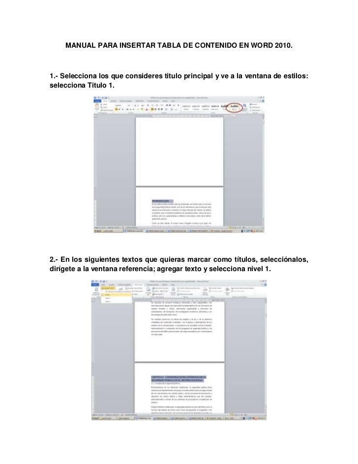 Manual para insertar tabla de contenido en word 2010