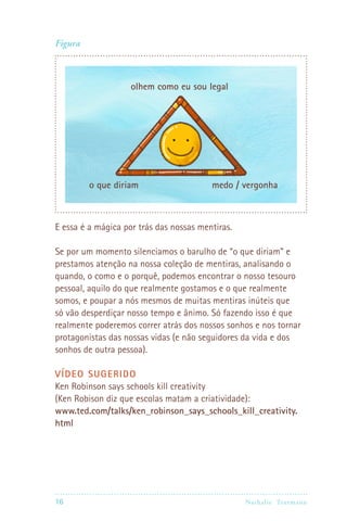 Figura



                    olhem como eu sou legal




         o que diriam                    medo / vergonha



E essa é a mágica por trás das nossas mentiras.

Se por um momento silenciamos o barulho de “o que diriam” e
prestamos atenção na nossa coleção de mentiras, analisando o
quando, o como e o porquê, podemos encontrar o nosso tesouro
pessoal, aquilo do que realmente gostamos e o que realmente
somos, e poupar a nós mesmos de muitas mentiras inúteis que
só vão desperdiçar nosso tempo e ânimo. Só fazendo isso é que
realmente poderemos correr atrás dos nossos sonhos e nos tornar
protagonistas das nossas vidas (e não seguidores da vida e dos
sonhos de outra pessoa).

VÍDEO SUGERIDO
Ken Robinson says schools kill creativity
(Ken Robison diz que escolas matam a criatividade):
www.ted.com/talks/ken_robinson_says_schools_kill_creativity.
html




16                                               Nathalie Tr utmann
 