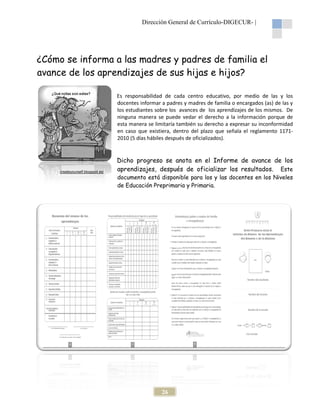 Dirección General de Currículo-DIGECUR |
DIGECUR-

¿Cómo se informa a las madres y padres de familia el
avance de los aprendizajes de sus hijas e hijos?
Es responsabilidad de cada centro educativo, por medio de las y los
centro
docentes informar a padres y madres de familia o encargados (as) de las y
los estudiantes sobre los avances de los aprendizajes de los mismos. De
ninguna manera se puede vedar el derecho a la información porque de
esta manera se limitaría también su derecho a expresar su inconformidad
esta
en caso que existiera, dentro del plazo que señala el reglamento 1171
11712010 (5 días hábiles después de oficializados).

createyourself.blogspot.es/

Dicho progreso se anota en el Informe de avance de los
nforme
aprendizajes, después de oficializar los resultados. Este
aprendizajes,
documento está disponible para los y las docentes en los Niveles
de Educación Preprimaria y Primaria
Primaria.

26

 
