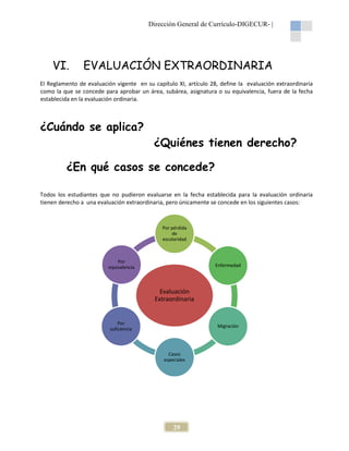 Dirección General de Currículo-DIGECUR- |

VI.

EVALUACIÓN EXTRAORDINARIA

El Reglamento de evaluación vigente en su capítulo XI, artículo 28, define la evaluación extraordinaria
como la que se concede para aprobar un área, subárea, asignatura o su equivalencia, fuera de la fecha
establecida en la evaluación ordinaria.

¿Cuándo se aplica?
¿Quiénes tienen derecho?
¿En qué casos se concede?
Todos los estudiantes que no pudieron evaluarse en la fecha establecida para la evaluación ordinaria
tienen derecho a una evaluación extraordinaria, pero únicamente se concede en los siguientes casos:

Por pérdida
de
escolaridad

Por
equivalencia

Enfermedad

Evaluación
Extraordinaria

Por
suficiencia

Migración

Casos
especiales

29

 