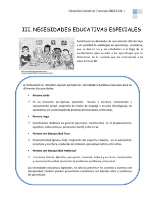 Dirección General de Currículo-DIGECUR |
DIGECUR-

III. NECESIDADES EDUCATIVAS ESPECIALES
Constituyen las demandas de una atención diferenciada
y de variedad de estrategias de aprendizaje- enseñanza,
aprendizaje
que se dan en las y los estudiantes a lo largo de la
escolarización para acceder a los aprendizajes que se
determinan en el currículo que les corresponde a su
edad. Artículo 40.

http://tecnologiaydiscapacidad.es/wpcontent/uploads/2008/01/eycisillustration5.jpg

A continuación se describen algunos ejemplos de necesidades educativas especiales para las
n
diferentes discapacidades:
•

Persona sorda
En las funciones perceptivas, expresión, lectura y escritura, comprensión y
razonamiento verbal, desarrollo de niveles de lenguaje y escucha (fonológicos), en
autoestima, en la eliminación de procesos de frustración, entre otras.

•

Persona ciega
Coordinación dinámica en general (ojo mano, movimiento), en el desplazamiento,
(ojo-mano,
equilibrio, lecto escritura, percepción (táctil), entre otras.

•

Persona con discapacidad física
Psicomotricidad (gruesa fina), integración del esquema corporal, en el autocontrol,
(gruesa-fina),
en lectura y escritura, conductas de imitación, perceptivo motriz, entre otras.

•

Persona con discapacidad intelectual
Funciones básicas, atención, percepción, memoria, lectura y escritura, comprensión
percepción,
y razonamiento verbal, resolución de problemas cotidianos, entre otras.

Las necesidades educativas especiales, no sólo las presentan los alumnos y alumnas con
discapacidad, también pueden presentarlas estudiantes con talentos altos o problemas
estudiantes
de aprendizaje.

 