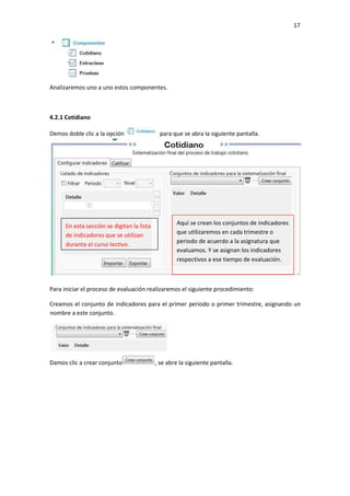 17
Analizaremos uno a uno estos componentes.
4.2.1 Cotidiano
Demos doble clic a la opción para que se abra la siguiente pantalla.
Para iniciar el proceso de evaluación realizaremos el siguiente procedimiento:
Creamos el conjunto de indicadores para el primer periodo o primer trimestre, asignando un
nombre a este conjunto.
Damos clic a crear conjunto , se abre la siguiente pantalla.
Aquí se crean los conjuntos de indicadores
que utilizaremos en cada trimestre o
periodo de acuerdo a la asignatura que
evaluamos. Y se asignan los indicadores
respectivos a ese tiempo de evaluación.
En esta sección se digitan la lista
de indicadores que se utilizan
durante el curso lectivo.
 