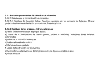 5.1.2 Residuos provenientes del beneficio de minerales
5.1.2.1 Residuos de la concentración de minerales
5.1.2.1.1 Residuos del beneficio (jales). Reactivos gastados de
gastado de sistemas de lixiviación en montones. Escorias y lodos.
los procesos de flotación. Mineral
5.1.2.3 Residuos de los procesos hidrometalúrgicos
a) Yesos (de la neutralización de purgas ácidas)
b) Lodos de la precipitación del hierro (goetita, jarosita o hematita),
deterioradas
c) Lodos de la lixiviación en tanques
d) Lodos del ánodo electrolítico
e) Carbón activado gastado
f) Lodos de la extracción por disolventes
incluyendo lonas filtrantes
g) Azufre elemental proveniente de la lixiviación directa de concentrados de zinc
h) Otros residuos
 
