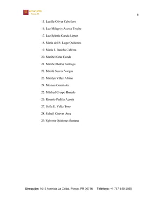 8
Dirección: 1015 Avenida La Ceiba, Ponce, PR 00716 Teléfono: +1 787-840-2955
15. Lucille Oliver Cebollero
16. Luz Milagros Acosta Troche
17. Luz Selenia García López
18. María del R. Lugo Quiñones
19. María J. Banchs Cabrera
20. Maribel Cruz Conde
21. Maribel Rolón Santiago
22. Marilú Suarez Vargas
23. Marilyn Vélez Albino
24. Merissa Gonzáalez
25. Mildred Crespo Rosado
26. Rosario Padilla Acosta
27. Sofía E. Veléz Toro
28. Suheil Cuevas Arce
29. Sylvette Quiñones Santana
 