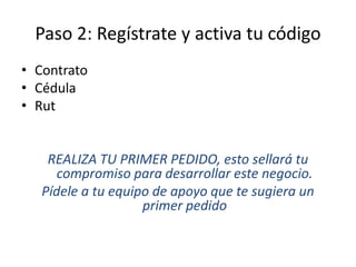 Paso 2: Regístrate y activa tu código
• Contrato
• Cédula
• Rut
REALIZA TU PRIMER PEDIDO, esto sellará tu
compromiso para desarrollar este negocio.
Pídele a tu equipo de apoyo que te sugiera un
primer pedido
 