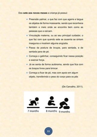 11
Dos sete aos novos meses a criança já possui:
 Preensão palmar, o que faz com que agarre e largue
os objetos de forma incessante, sendo que reconhece
também o meio onde se encontra bem como as
pessoas que a cercam.
 Vinculação materna, ou ao seu principal cuidador, o
que faz com que quando este se ausenta se sintam
inseguros e mostrem alguma angústia.
 Passa da postura de bruços, para sentada, e de
sentada para de pé.
 Começa o gatinhar, conseguindo ficar nessa posição
e exercer força.
 Já se senta de forma autónoma, sendo que fica com
os braços livres para brincar.
 Começa a ficar de pé, mas com apoio em algum
objeto, transferindo o peso do corpo para os pés
(De Carvalho, 2011).
 