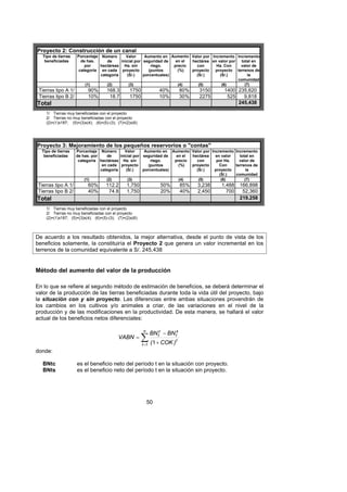 Proyecto 2: Construcción de un canal
   Tipo de tierras   Porcentaje Número       Valor     Aumento en Aumento Valor por Incremento Incremento
    beneficiadas       de has.     de     inicial por seguridad de   en el hectárea en valor por   total en
                         por    hectáreas Ha. sin         riego.    precio   con      Ha. Con     valor de
                      categoría en cada proyecto         (puntos      (%)  proyecto  proyecto terrenos de
                                categoría    (S/.)    porcentuales)          (S/.)      (S/.)          la
                                                                                                 comunidad
                         (1)       (2)        (3)                     (4)     (5)        (6)         (7)
 Tierras tipo A 1/         90%       168.3       1750               40%         80%   3150     1400 235,620
 Tierras tipo B 2/         10%        18.7       1750               10%         30%   2275      525   9,818
Total                                                                                               245,438

    1/ Tierras muy beneficiadas con el proyecto
    2/ Tierras no muy beneficiadas con el proyecto
    (2)=(1)x187; (5)=(3)x(4); (6)=(5)-(3); (7)=(2)x(6)




Proyecto 3: Mejoramiento de los pequeños reservorios o "contas"
  Tipo de tierras    Porcentaje Número        Valor     Aumento en Aumento Valor por Incremento Incremento
   beneficiadas      de has. por    de     inicial por seguridad de   en el hectárea   en valor   total en
                      categoría hectáreas Ha. sin          riego.    precio   con      por Ha.    valor de
                                  en cada proyecto        (puntos      (%)  proyecto     Con    terrenos de
                                 categoría    (S/.)    porcentuales)          (S/.)   proyecto        la
                                                                                         (S/.)  comunidad
                         (1)        (2)        (3)                     (4)     (5)        (6)        (7)
 Tierras tipo A 1/        60%       112.2       1,750               50%         85%   3,238   1,488   166,898
 Tierras tipo B 2/        40%        74.8       1,750               20%         40%   2,450     700    52,360
Total                                                                                                 219,258

    1/ Tierras muy beneficiadas con el proyecto
    2/ Tierras no muy beneficiadas con el proyecto
    (2)=(1)x187; (5)=(3)x(4); (6)=(5)-(3); (7)=(2)x(6)



De acuerdo a los resultado obtenidos, la mejor alternativa, desde el punto de vista de los
beneficios solamente, la constituiría el Proyecto 2 que genera un valor incremental en los
terrenos de la comunidad equivalente a S/. 245,438


Método del aumento del valor de la producción

En lo que se refiere al segundo método de estimación de beneficios, se deberá determinar el
valor de la producción de las tierras beneficiadas durante toda la vida útil del proyecto, bajo
la situación con y sin proyecto. Las diferencias entre ambas situaciones provendrán de
los cambios en los cultivos y/o animales a criar, de las variaciones en el nivel de la
producción y de las modificaciones en la productividad. De esta manera, se hallará el valor
actual de los beneficios netos diferenciales:

                                                          n
                                                                BN tc − BN ts
                                           VABN =        ∑ (1 + COK )
                                                         t =1
                                                                            t

donde:

   BNtc              es el beneficio neto del período t en la situación con proyecto.
   BNts              es el beneficio neto del período t en la situación sin proyecto.




                                                              50
 