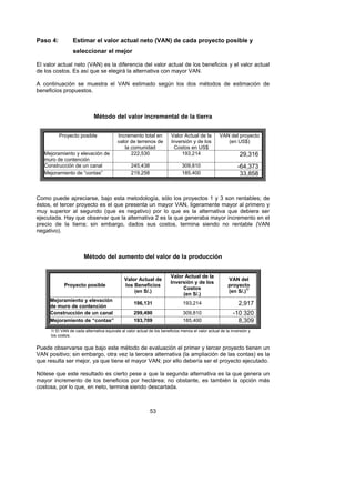 Paso 4:          Estimar el valor actual neto (VAN) de cada proyecto posible y
                 seleccionar el mejor

El valor actual neto (VAN) es la diferencia del valor actual de los beneficios y el valor actual
de los costos. Es así que se elegirá la alternativa con mayor VAN.

A continuación se muestra el VAN estimado según los dos métodos de estimación de
beneficios propuestos.



                             Método del valor incremental de la tierra


          Proyecto posible                Incremento total en           Valor Actual de la         VAN del proyecto
                                          valor de terrenos de          Inversión y de los            (en US$)
                                             la comunidad                Costos en US$
   Mejoramiento y elevación de                  222,530                      193,214                           29,316
   muro de contención
   Construcción de un canal                      245,438                      309,810                        -64,373
   Mejoramiento de “contas”                      219,258                      185,400                         33,858


Como puede apreciarse, bajo esta metodología, sólo los proyectos 1 y 3 son rentables; de
éstos, el tercer proyecto es el que presenta un mayor VAN, ligeramente mayor al primero y
muy superior al segundo (que es negativo) por lo que es la alternativa que debiera ser
ejecutada. Hay que observar que la alternativa 2 es la que generaba mayor incremento en el
precio de la tierra; sin embargo, dados sus costos, termina siendo no rentable (VAN
negativo).



                       Método del aumento del valor de la producción


                                                                        Valor Actual de la
                                              Valor Actual de                                           VAN del
                                                                        Inversión y de los
            Proyecto posible                  los Beneficios                                            proyecto
                                                                             Costos
                                                  (en S/.)                                              (en S/.)1/
                                                                             (en S/.)
     Mejoramiento y elevación
     de muro de contención
                                                   196,131                     193,214                        2,917
     Construcción de un canal                      299,490                     309,810                     -10 320
     Mejoramiento de “contas”                      193,709                     185,400                       8,309
     1/ El VAN de cada alternativa equivale al valor actual de los beneficios menos el valor actual de la inversión y
     los costos.


Puede observarse que bajo este método de evaluación el primer y tercer proyecto tienen un
VAN positivo; sin embargo, otra vez la tercera alternativa (la ampliación de las contas) es la
que resulta ser mejor, ya que tiene el mayor VAN; por ello debería ser el proyecto ejecutado.

Nótese que este resultado es cierto pese a que la segunda alternativa es la que genera un
mayor incremento de los beneficios por hectárea; no obstante, es también la opción más
costosa, por lo que, en neto, termina siendo descartada.



                                                            53
 