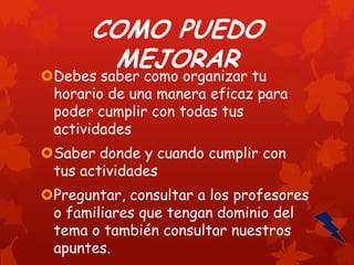 COMO PUEDO
MEJORAR

Debes saber como organizar tu
horario de una manera eficaz para
poder cumplir con todas tus
actividades
Saber donde y cuando cumplir con
tus actividades
Preguntar, consultar a los profesores
o familiares que tengan dominio del
tema o también consultar nuestros
apuntes.

 
