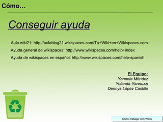 Cómo trabajar con WikisCómo trabajar con WikisCómo trabajar con WikisCómo trabajar con Wikis
Conseguir ayudaConseguir ayuda
Cómo…Cómo…
Aula wiki21: http://aulablog21.wikispaces.com/Tu+Wiki+en+Wikispaces.com
Ayuda general de wikispaces: http://www.wikispaces.com/help+index
Ayuda de wikispaces en español: http://www.wikispaces.com/help-spanish
El Equipo:
Yannela MéndezYannela Méndez
Yolanda YannuzziYolanda Yannuzzi
Dennys López CastilloDennys López Castillo
 