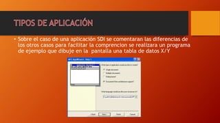 • Sobre el caso de una aplicación SDI se comentaran las diferencias de
los otros casos para facilitar la comprencion se realizara un programa
de ejemplo que dibuje en la pantalla una tabla de datos X/Y
 